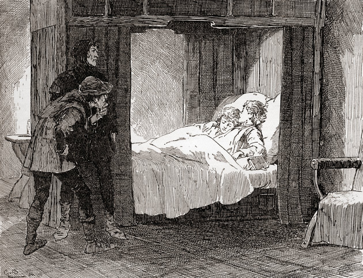 Scéna ze hry Williama Shakespeara Král Richard III, 4. dějství, 3. scéna, Tyrrell: Tak, kváká Dighton, polož své něžné děti - Tak, tak, kváká Forrest, opásán jeden druhým v jejich alabastru od Gordon Frederick Browne