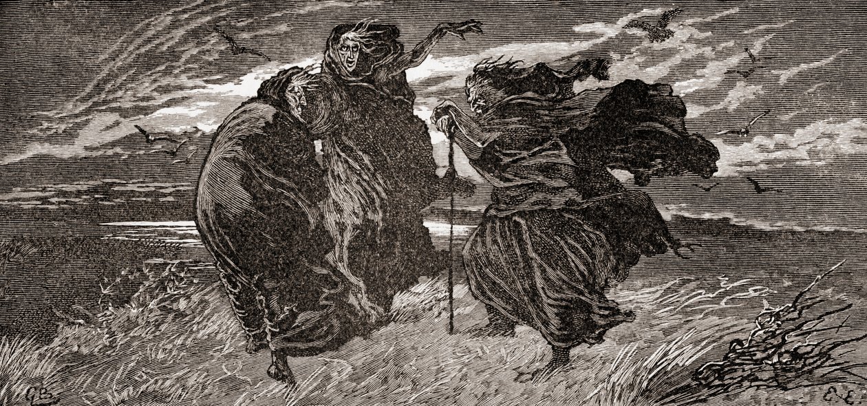 Scéna ze hry Williama Shakespeara Macbeth, 1. dějství, 1. scéna, První čarodějnice: Z díla Williama Shakespeara, vydaného v roce 1896 ( od Gordon Frederick Browne