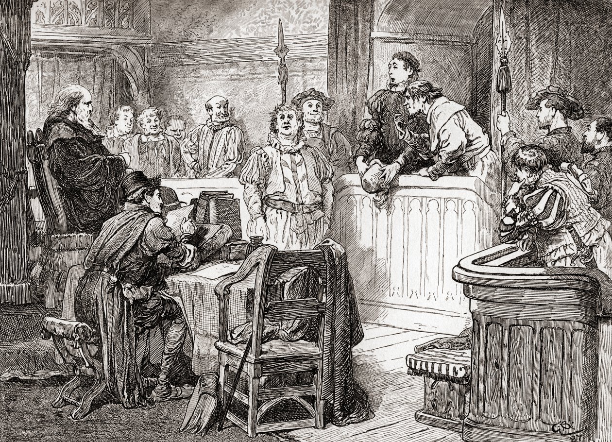 Scéna ze hry Williama Shakespeara Measure for Measure, 2. dějství, 1. scéna, Pompey Bum: z díla Williama Shakespeara, vydaného roku 1896. od Gordon Frederick Browne