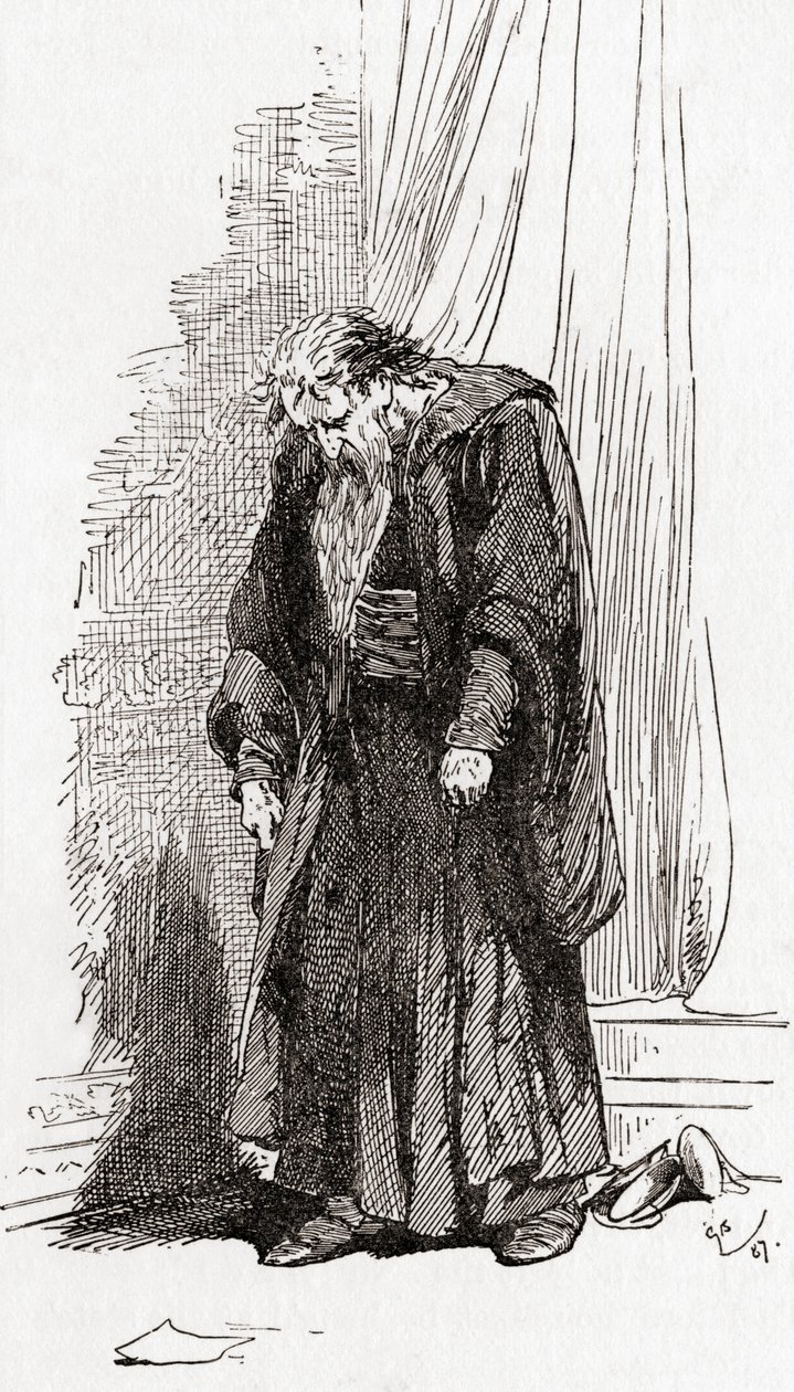 Scéna ze hry Williama Shakespeara Kupec benátský, IV. dějství, 1. scéna, Shylock: Dejte mi, prosím, svolení odejít odtud. Nejsem zdráv, z díla Williama Shakespeara, vydaného roku 1896 (e od Gordon Frederick Browne