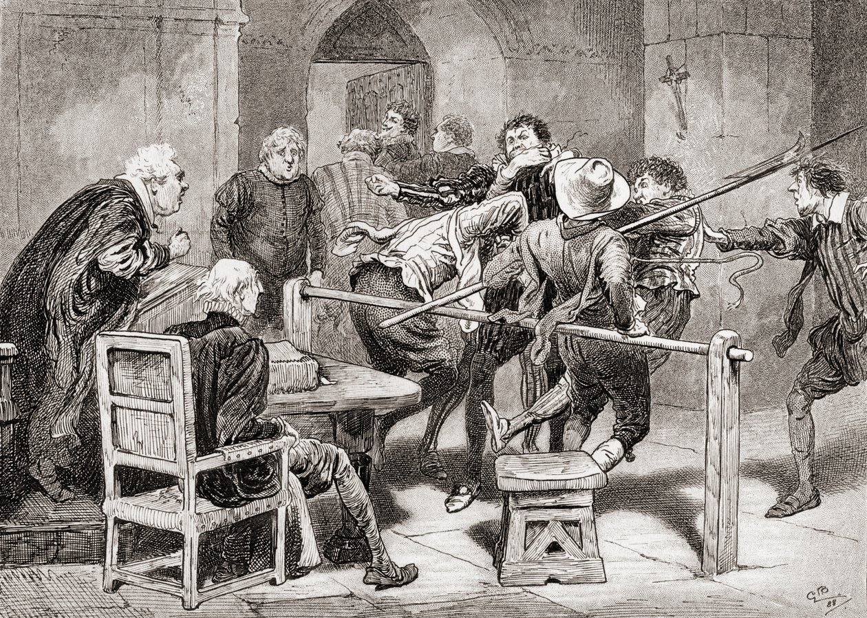 Scéna ze hry Williama Shakespeara Mnoho povyku pro nic, 4. dějství, 2. scéna, Dogberry: Nevíš, kde je moje místo? Nepodezříváš mě z mých let?, z díla Williama Shakespeara, vydaného nakladatelstvím The Works of William Shakespeare od Gordon Frederick Browne