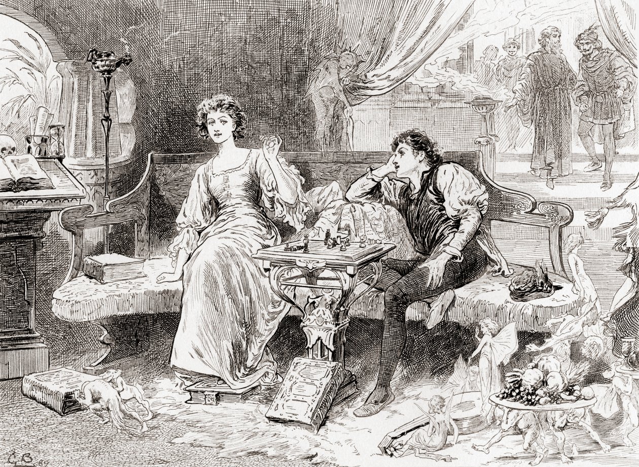Scéna ze hry Williama Shakespeara Bouře, V. dějství, 1. scéna, Miranda: z díla Williama Shakespeara, vydaného v roce 1896. od Gordon Frederick Browne