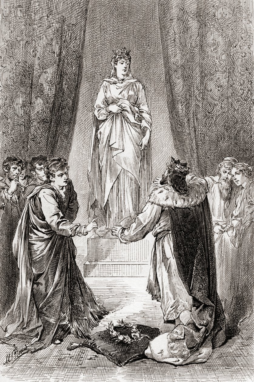Scéna ze hry Williama Shakespeara Zimní pohádka, V. dějství, 3. scéna, Leontes: Z díla Williama Shakespeara, vydaného roku 1896: Ať se mi nikdo neposmívá, neboť ji políbím. od Gordon Frederick Browne