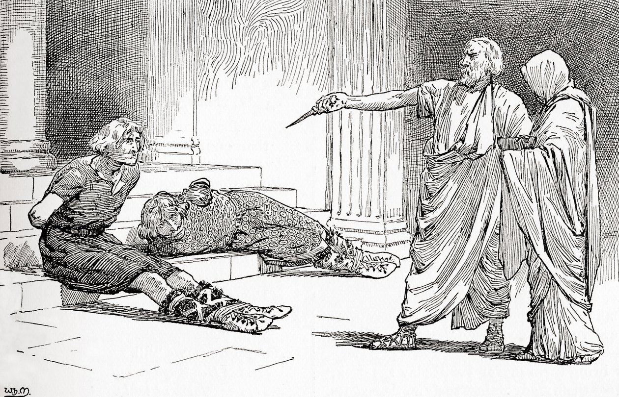 Scéna ze hry Williama Shakespeara Titus Andronicus, V. dějství, 2. scéna, Titus: Z díla Williama Shakespeara, vydaného roku 1896: Pojď, pojď, Lavinie, podívej, nepřátelé tvoji jsou spoutáni. od Gordon Frederick Browne