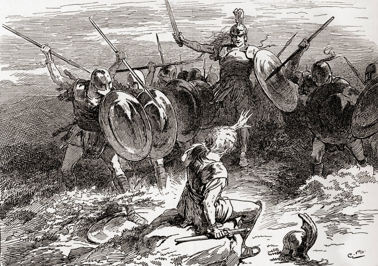 Scéna ze hry Williama Shakespeara Troilus a Kressida, V. dějství, 10. scéna, Achilles: z díla Williama Shakespeara, vydaného roku 1896 (rytina). od Gordon Frederick Browne