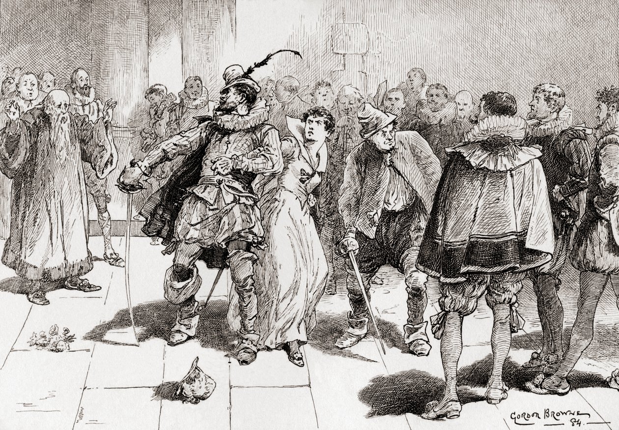 Petruchio: Neboj se, milá děvče, nedotknou se tě Kate, budu tě bránit proti milionu, scéna ze hry Williama Shakespeara Zkrocení zlé ženy, dějství III, scéna 2, z The Works of od Gordon Frederick Browne