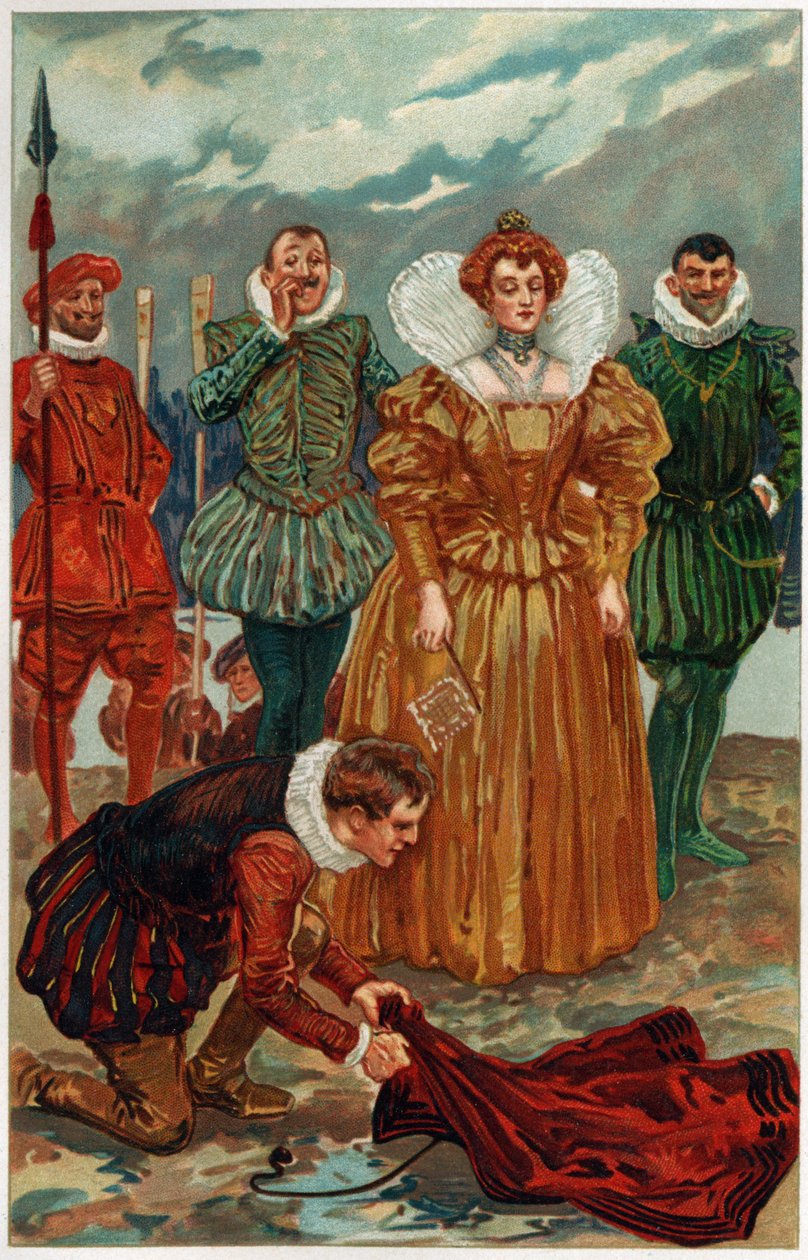 „Raleigh si odepnul bohatý plášť z ramen a položil ho na vlhkou zem“, ilustrace z „Hrdinové a hrdinky anglické historie“ od Alice S. Hoffmanové od Gordon Frederick Browne