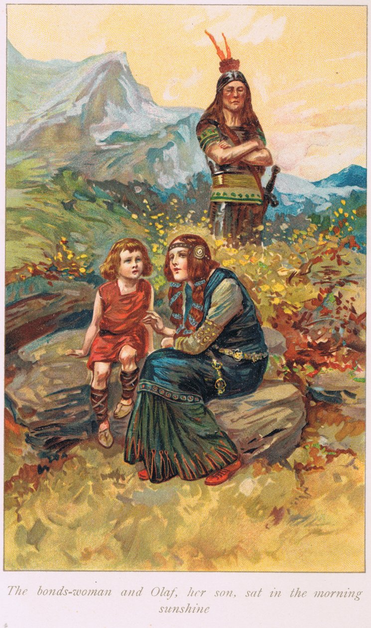 Bondswoman a Olaf, její syn, seděli v ranním slunci, ilustrace z 