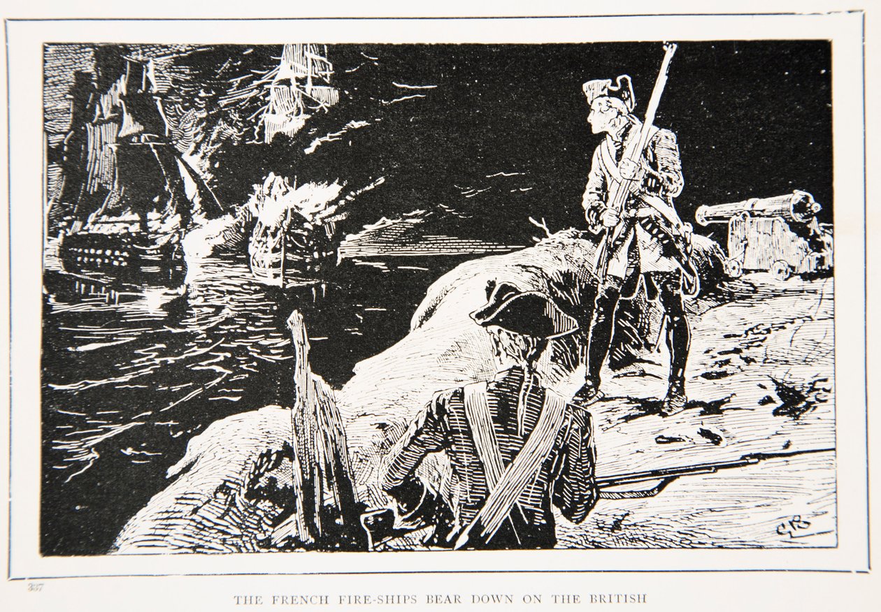 Francouzské ohnivé lodě útočí na Brity, ilustrace z knihy "S Wolfem v Kanadě aneb Vítězství nad kontinentem" od G. A. Hentyho, vyd. Blackie and Son Ltd, 1887 od Gordon Frederick Browne