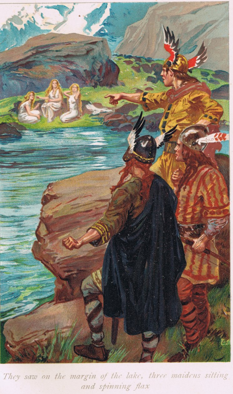 Na okraji jezera viděli tři dívky sedící a předící len, ilustrace z „Knihy ság“ od Alice S. Hoffman, vydané v roce 1926 od Gordon Frederick Browne