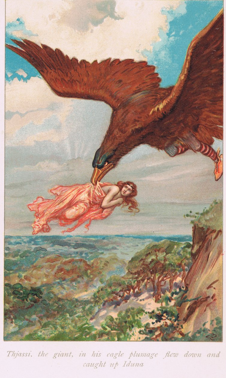 Thjassi, obr v orlím peří, letěl dolů a dohonil Idunu, ilustrace z „Knihy ság“ od Alice S. Hoffman, vydané v roce 1926 od Gordon Frederick Browne