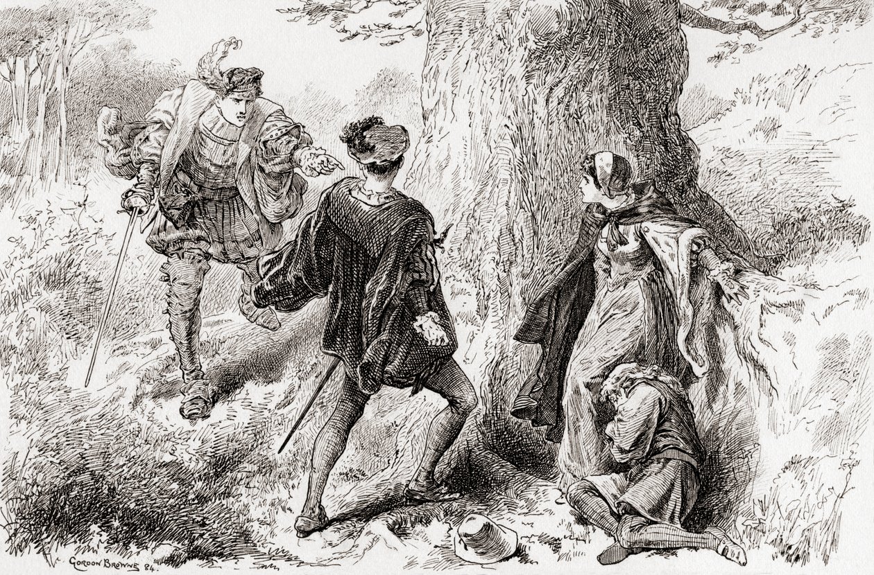 Valentine: Ruffiane, nech odejít ten hrubý necivilní dotek, Scéna ze Shakespearových Dva gentlemani z Verony, V. dějství, Scéna 4, z Díla Williama Shakespeara, vydáno 1896 od Gordon Frederick Browne