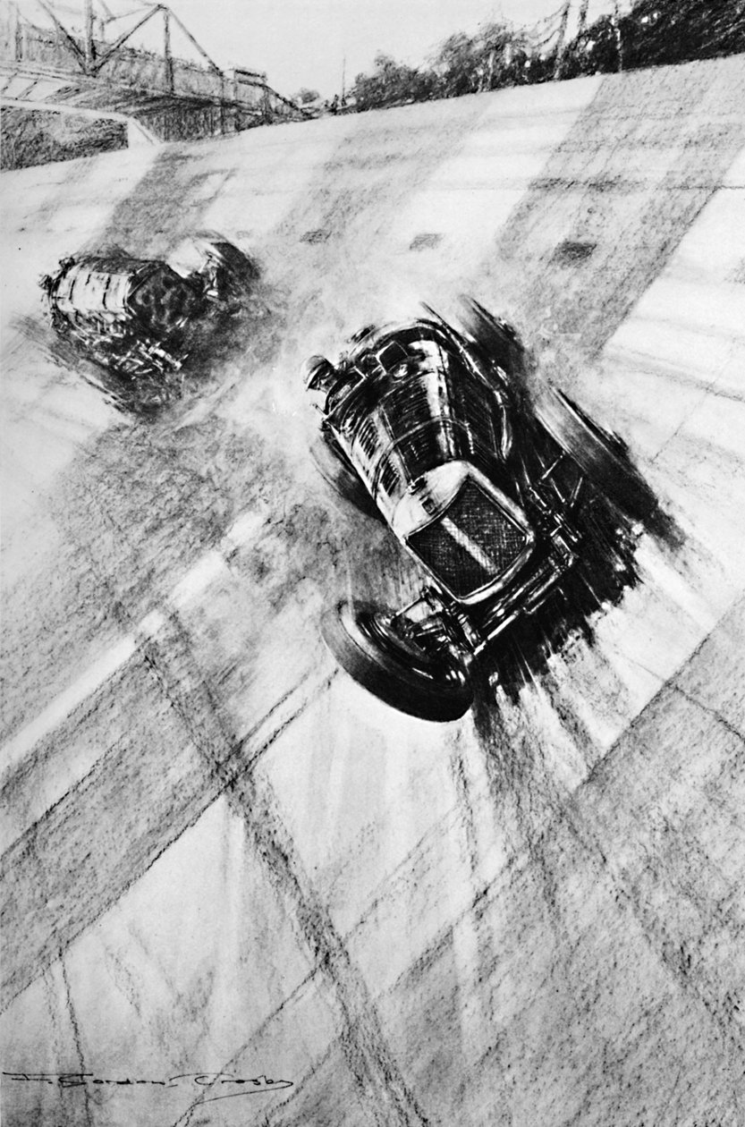 Whitney Straight Maserati na zatáčce Members Bridge, Brooklands, 1933, 1937 od Gordon Crosby