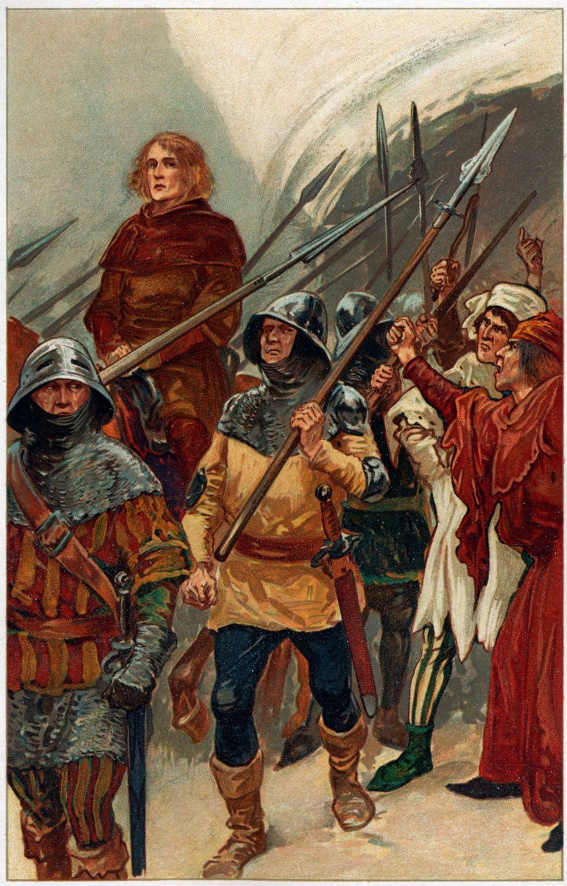 „Obklopen ozbrojenými muži, Wallace byl převezen do Westminster Hall, aby byl souzen jako zrádce“, ilustrace z „Hrdinové a hrdinky anglické historie“ od Alice S. Hoffman (barevné litho) od Gordon Frederick (after) Browne