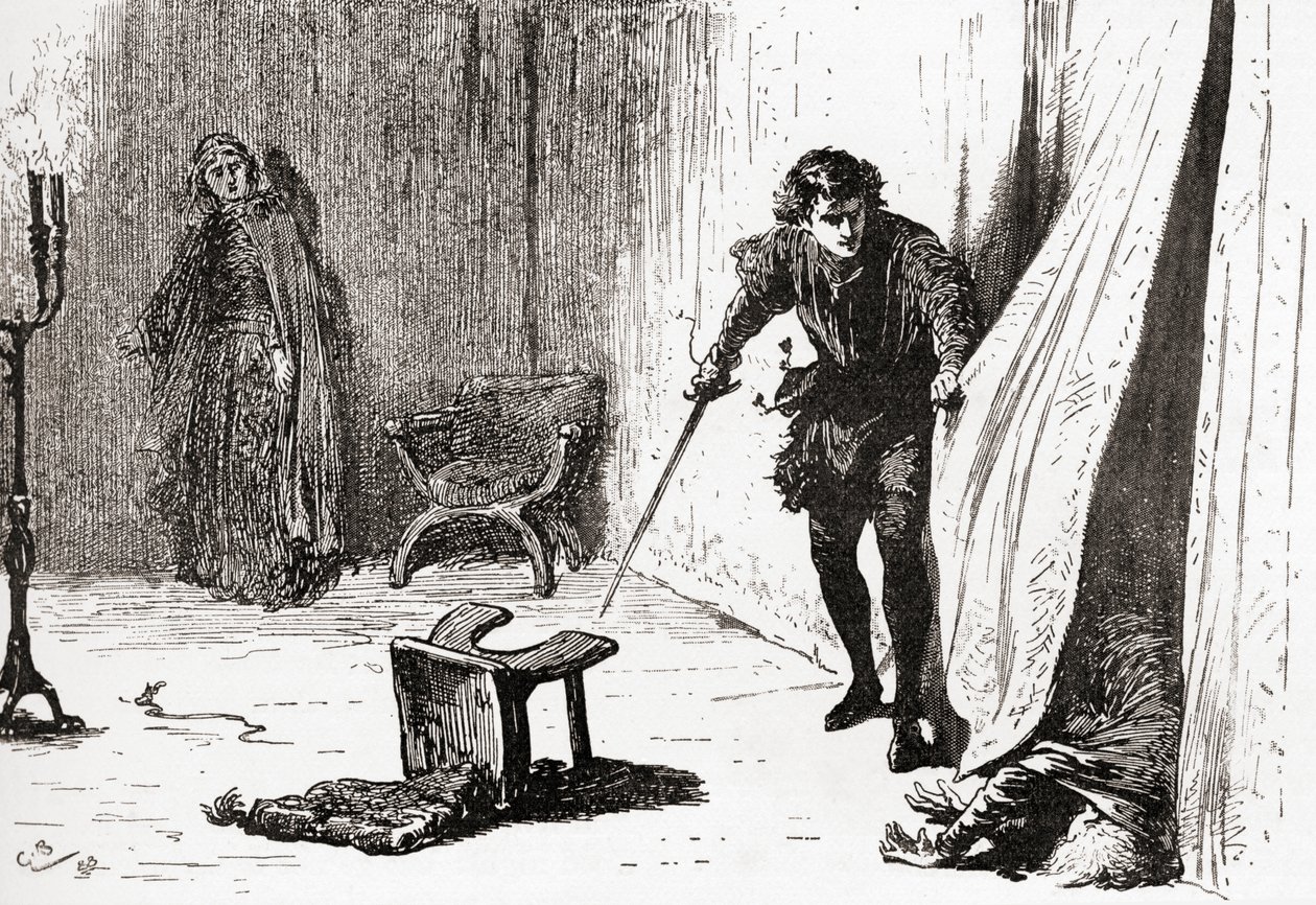 Scéna ze hry Williama Shakespeara Hamlet, 3. dějství, 4. scéna, Hamlet: Sbohem, ty bídný, zbrklý, dotěrný blázne! Vzal jsem si tě za lepšího, z díla Williama Shakespeara, vydáno 189 od Gordon Frederick Browne