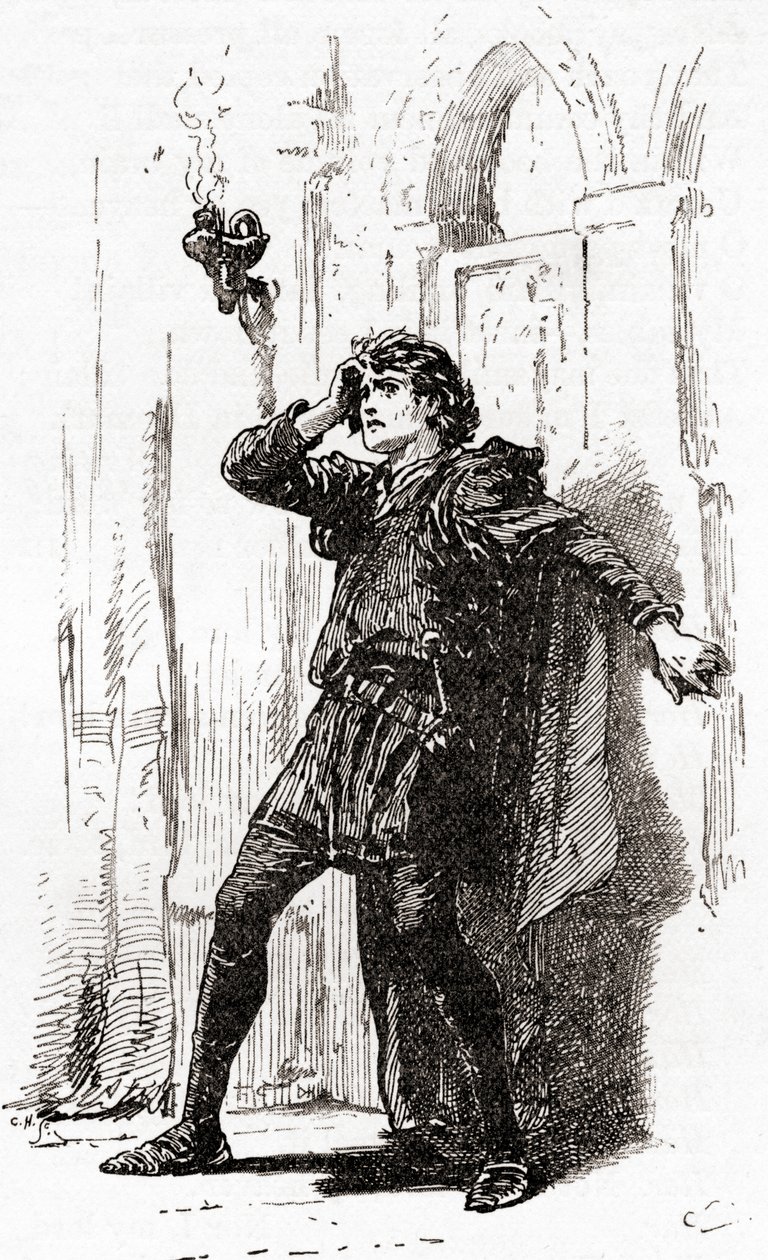 Scéna ze hry Williama Shakespeara Hamlet, 1. dějství, 5. scéna, Hamlet: Vzpomeň si na sebe! Aj, ty ubohý duchu, dokud paměť drží místo v této roztěkané zeměkouli, z díla Williama Shakespeara, pu od Gordon Frederick Browne
