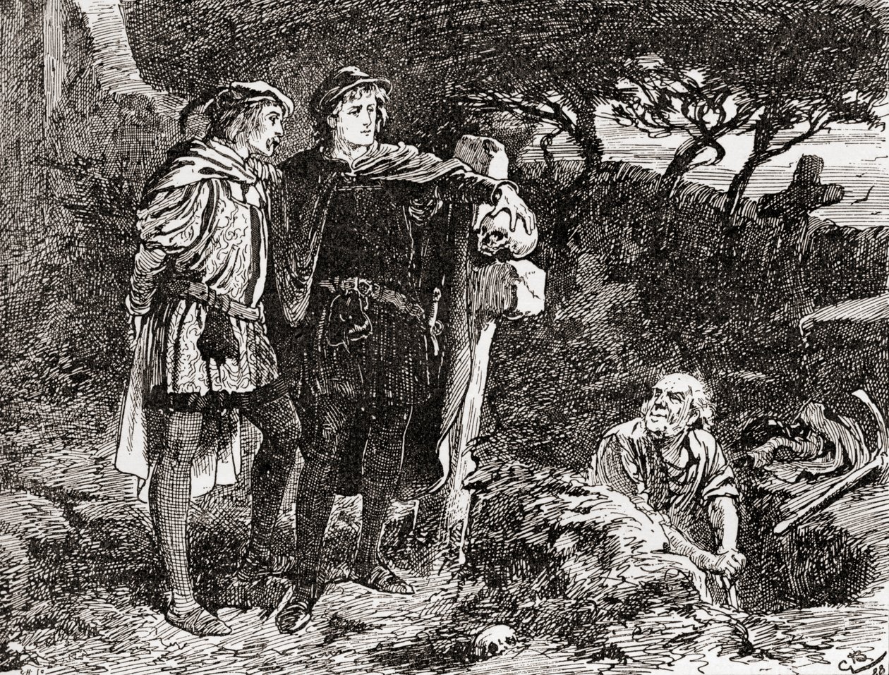 Scéna ze hry Williama Shakespeara Hamlet, V. dějství, 1. scéna, Hamlet: Znám ho, Horatio, chlapík nekonečného vtipu, nejskvělejší fantazie, z díla Williama Shakespeara, vydaného roku 1896 (e od Gordon Frederick Browne