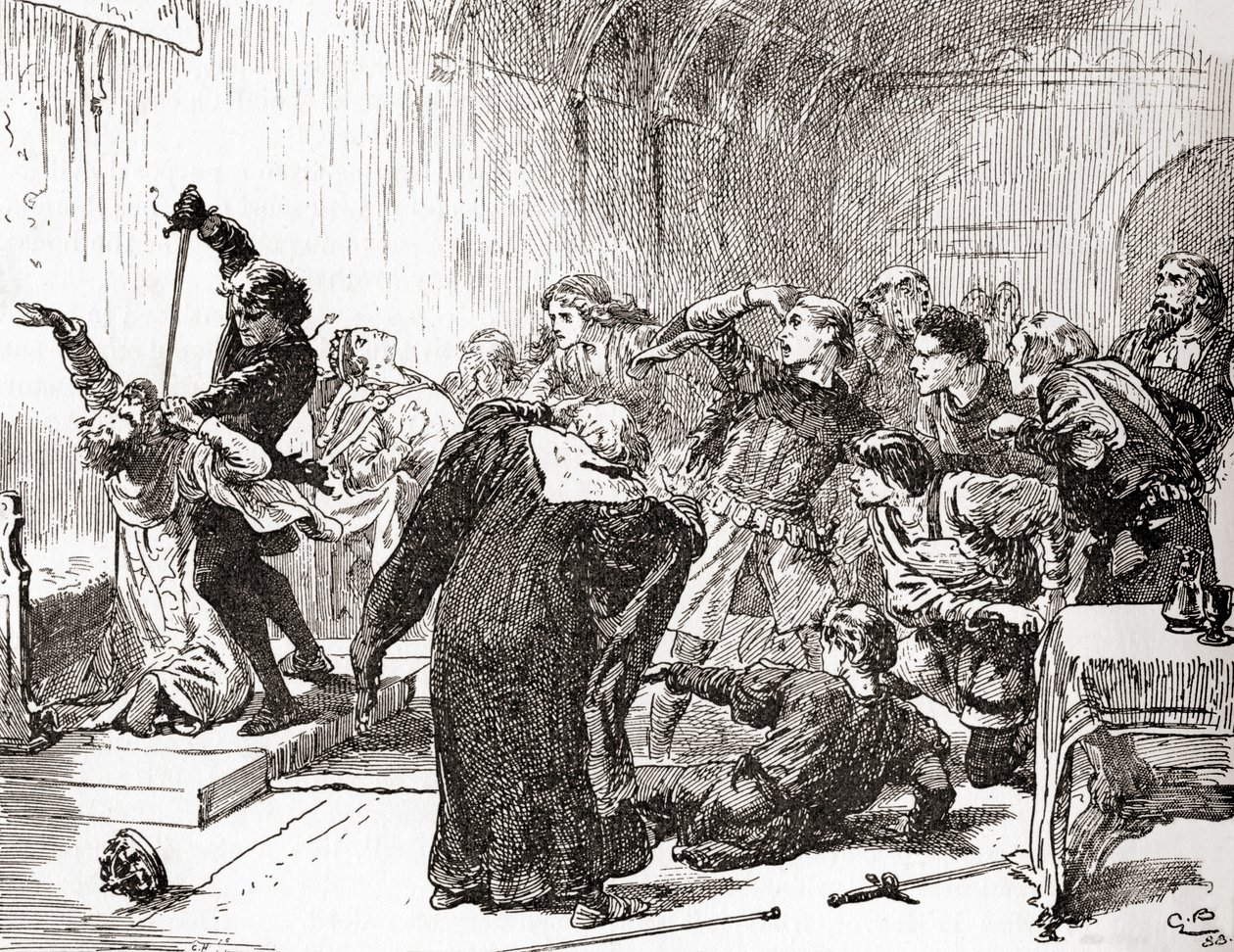Scéna ze hry Williama Shakespeara Hamlet, V. dějství, 2. scéna, Hamlet: Vždyť je to taky jedovaté! Tak, jede, k dílu svému. (Bodne krále), z díla Williama Shakespeara, vydaného roku 1896 (rytina). od Gordon Frederick Browne