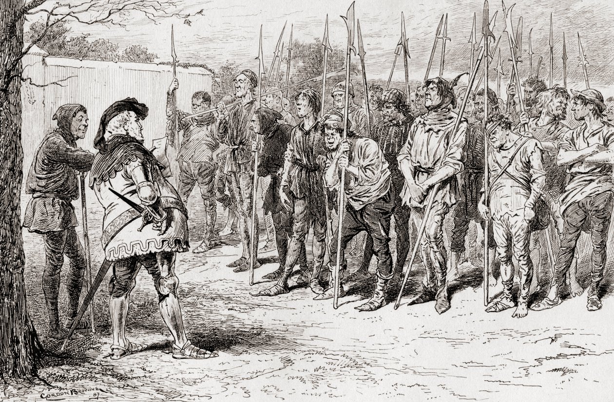 Scéna ze hry Williama Shakespeara Král Jindřich IV., část 1, dějství IV, scéna 2, Falstaffsův otrhaný pluk, z díla Williama Shakespeara, vydaného roku 1896. od Gordon Frederick Browne