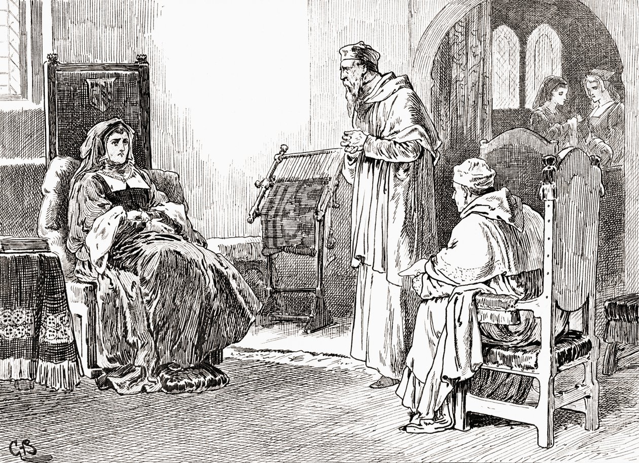 Scéna ze hry Williama Shakespeara Král Jindřich VIII., III. dějství, 1. scéna, Královna Kateřina: Z díla Williama Shaese: Dělejte, co chcete, pánové, a odpusťte mi, jestli jsem se chovala nevhodně. od Gordon Frederick Browne