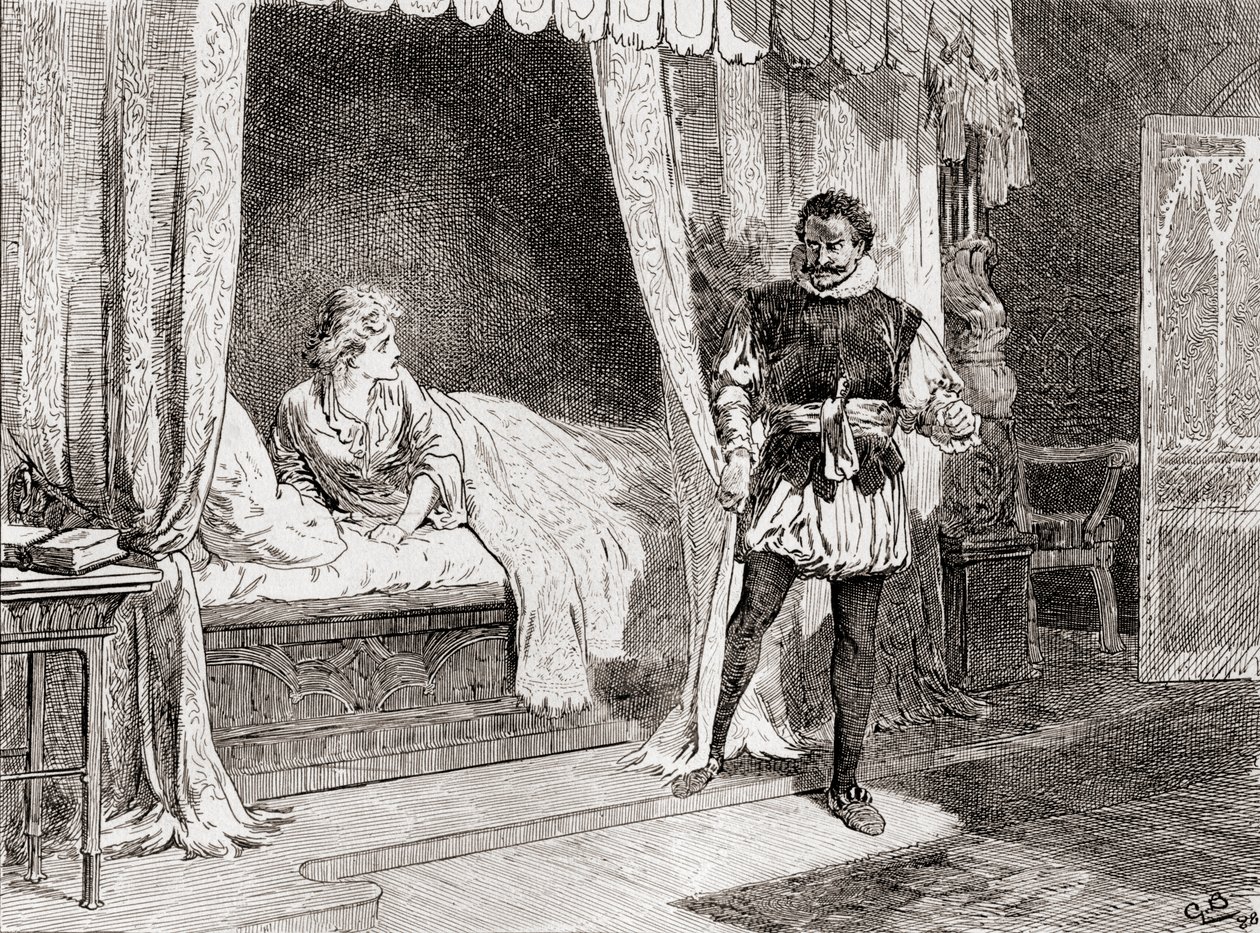 Scéna ze hry Williama Shakespeara Othello, V. dějství, 2. scéna, Desdemona: Mluvíš o zabíjení? Othello: Z díla Williama Shakespeara, vydaného v roce 1896. od Gordon Frederick Browne