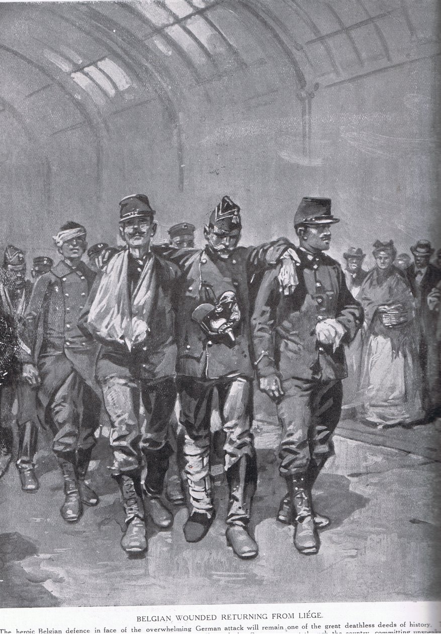 Belgičan zraněný vracející se z Lutychu, z „Hutchisonova příběhu britského národa“, kolem roku 1920 od Gordon Frederick Browne