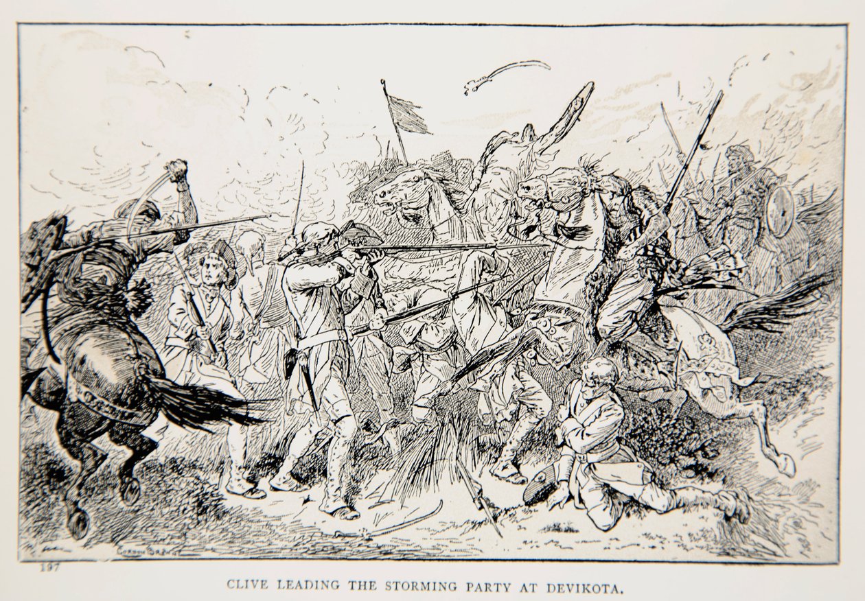 Clive v čele bouřlivé party v Devikotě, ilustrace z „S Clivem v Indii aneb počátky říše“ od G.A. Henty, hospoda. Londýn, 1884 od Gordon Frederick Browne