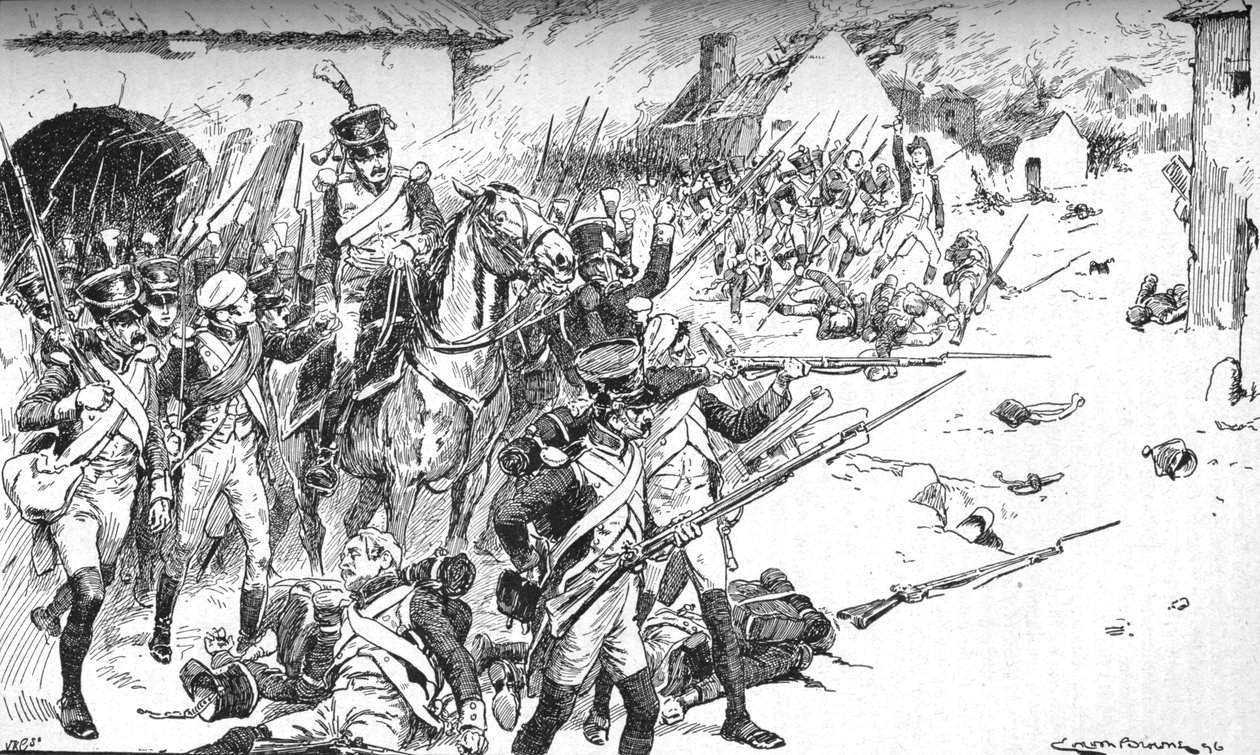 Sloup za sloupem si prorazil cestu do vesnice, jen aby byl vržen zpět, 1896, 1902 od Gordon Frederick Browne
