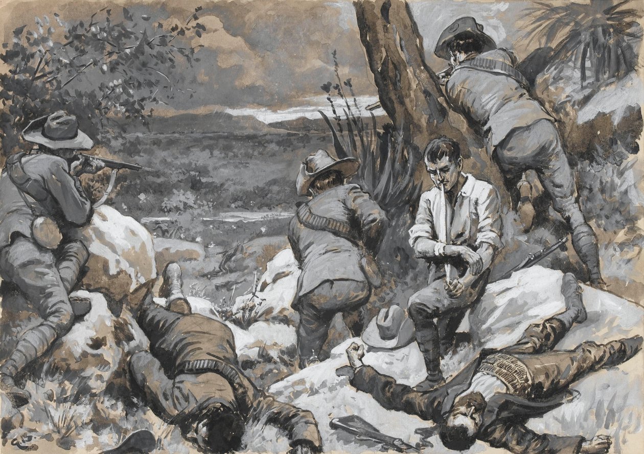 „Búrský útok na Caesarův tábor: Horký kout s puškami na hranicích, 1900“? od Gordon Frederick Browne