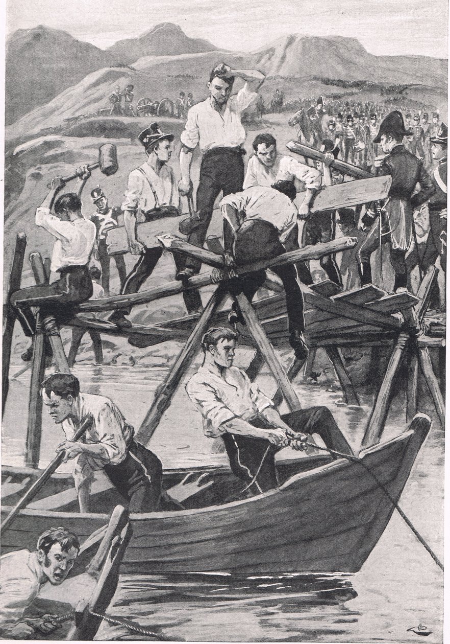 Stavba mostu přes Guadianu, 3. dubna 1811, ilustrace z 