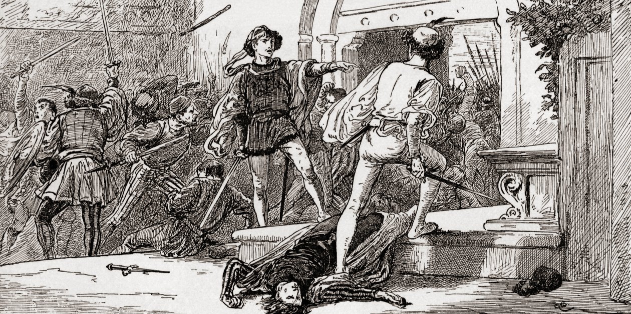 Tybalt zabitý Romeem, scéna z knihy Williama Shakespeara Romeo a Julie, III. dějství, 1. scéna, z díla Williama Shakespeara, vydáno 1896. od Gordon Frederick Browne