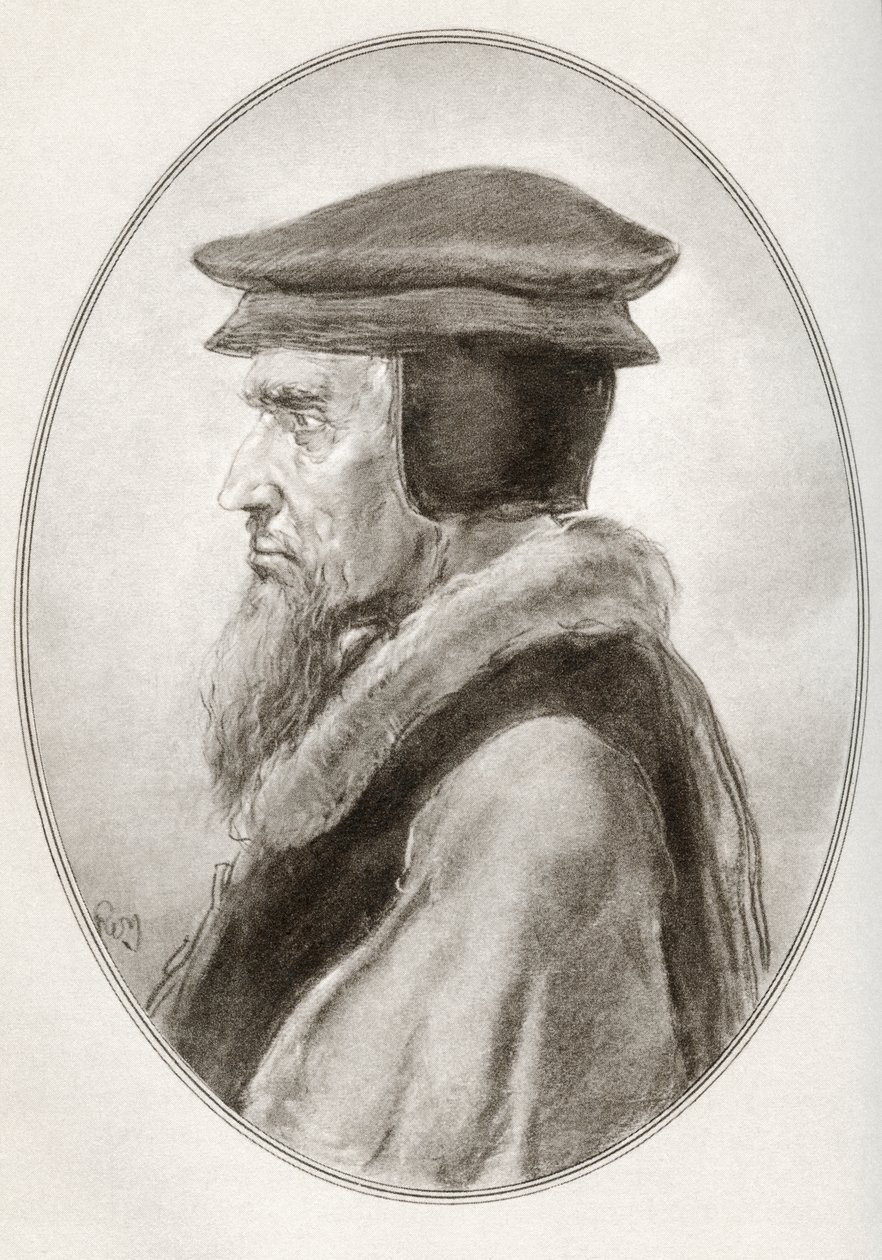 John Calvin, narozen jako Jehan Cauvin, z Živé biografie náboženských vůdců od Gordon Ross