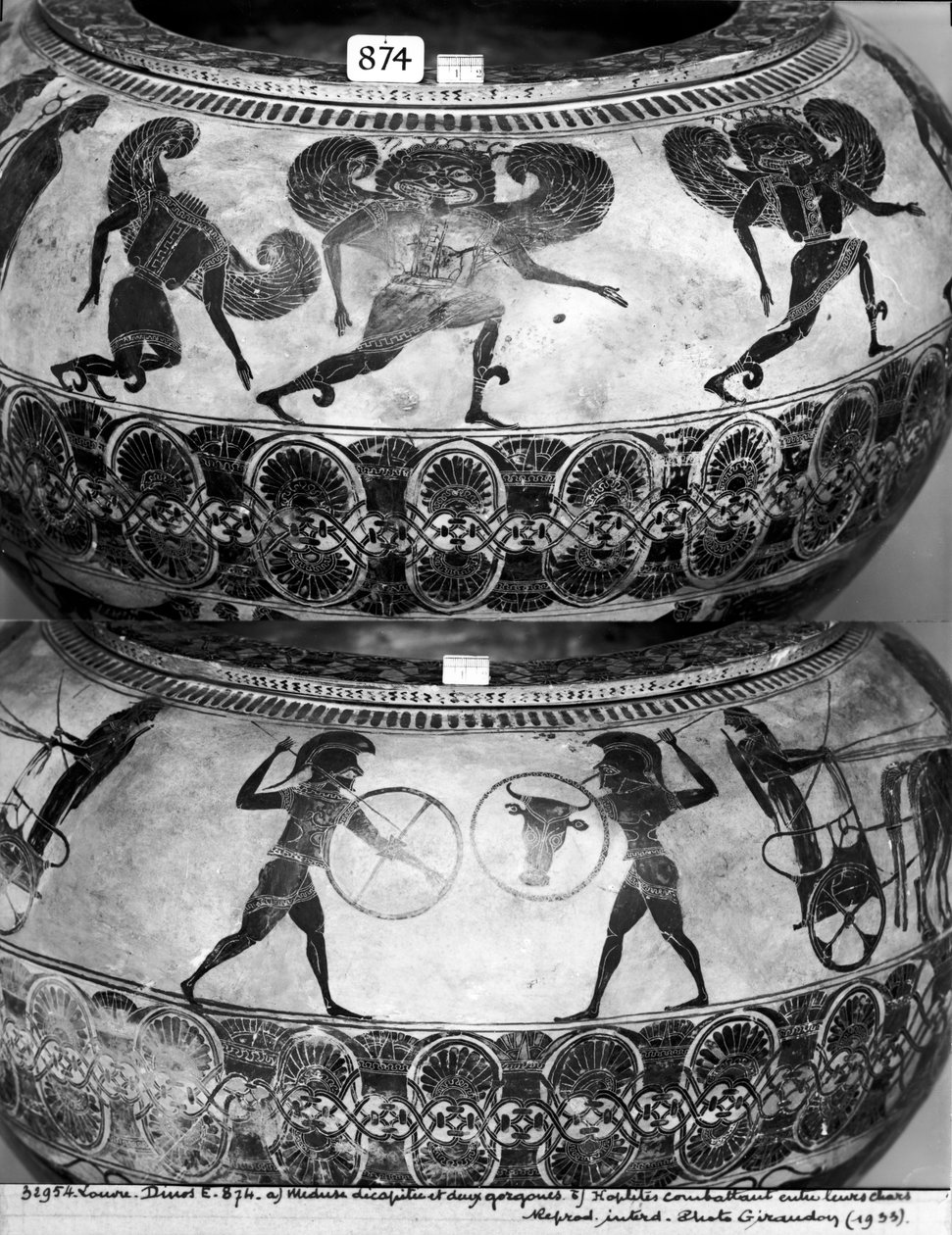 Dinos zobrazující (nahoře) Medúzu bez hlavy (dole) a bojující hoplity, asi 580 př. n. l. (keramika) (viz také 438877) od Gorgon Painter