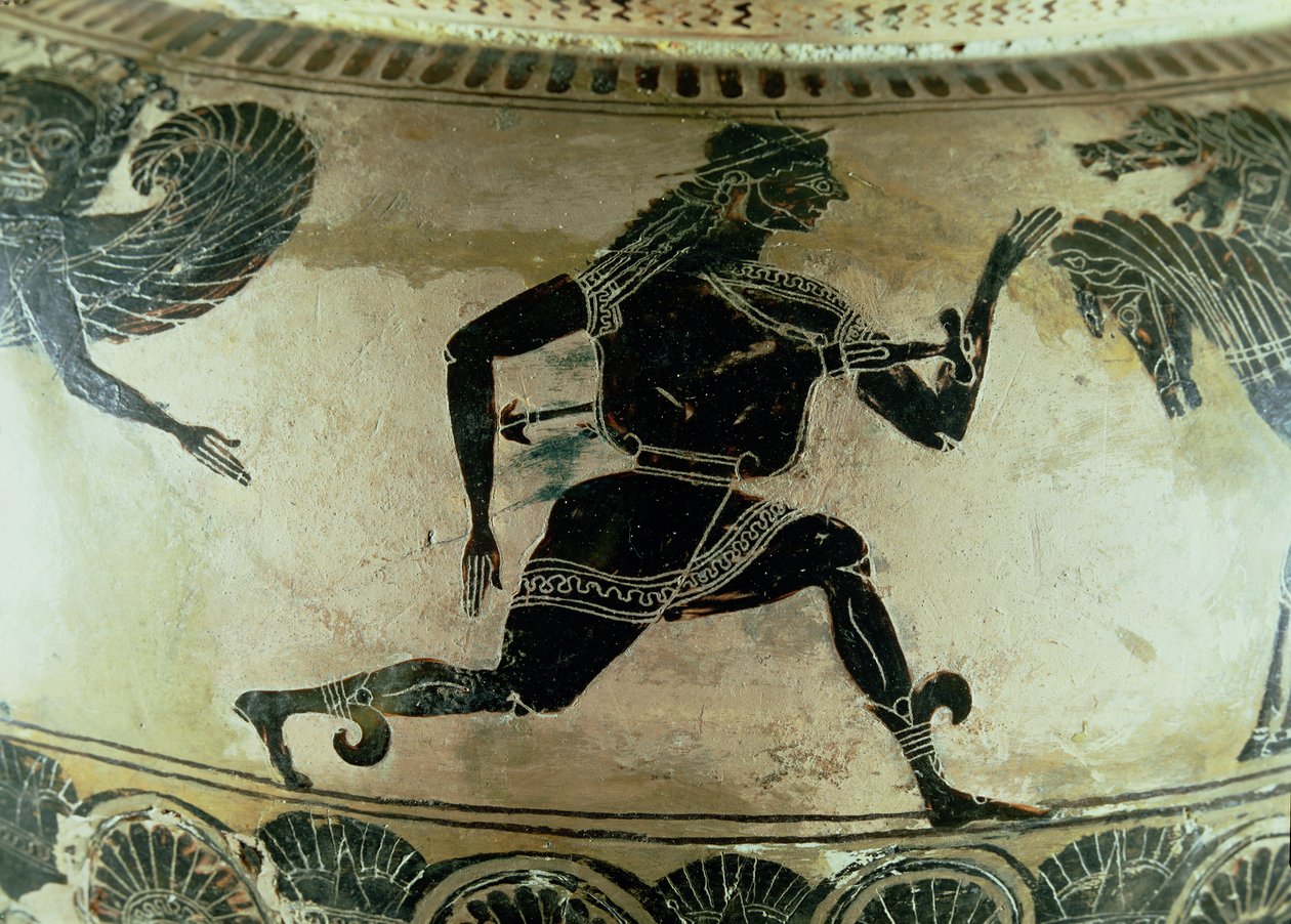 Perseus prchající před Gorgonami, detail z podkrovního dinosaura s černou postavou, Řecko, cca 590 př. n. l. (keramika) od Gorgon Painter