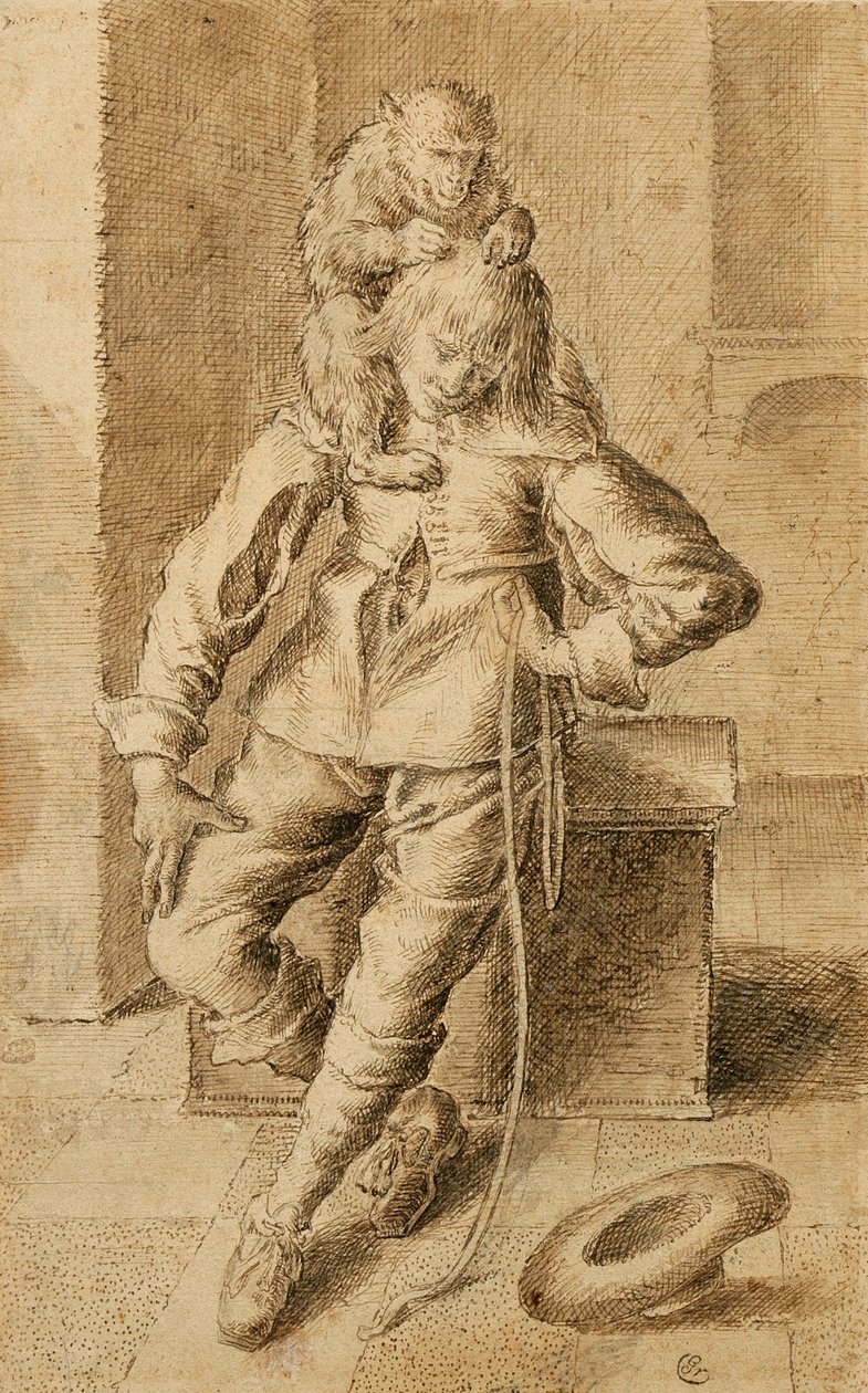 Kavalír s opicí (hnědý inkoust a bistre na béžovém papíře) od Gottfried Libalt