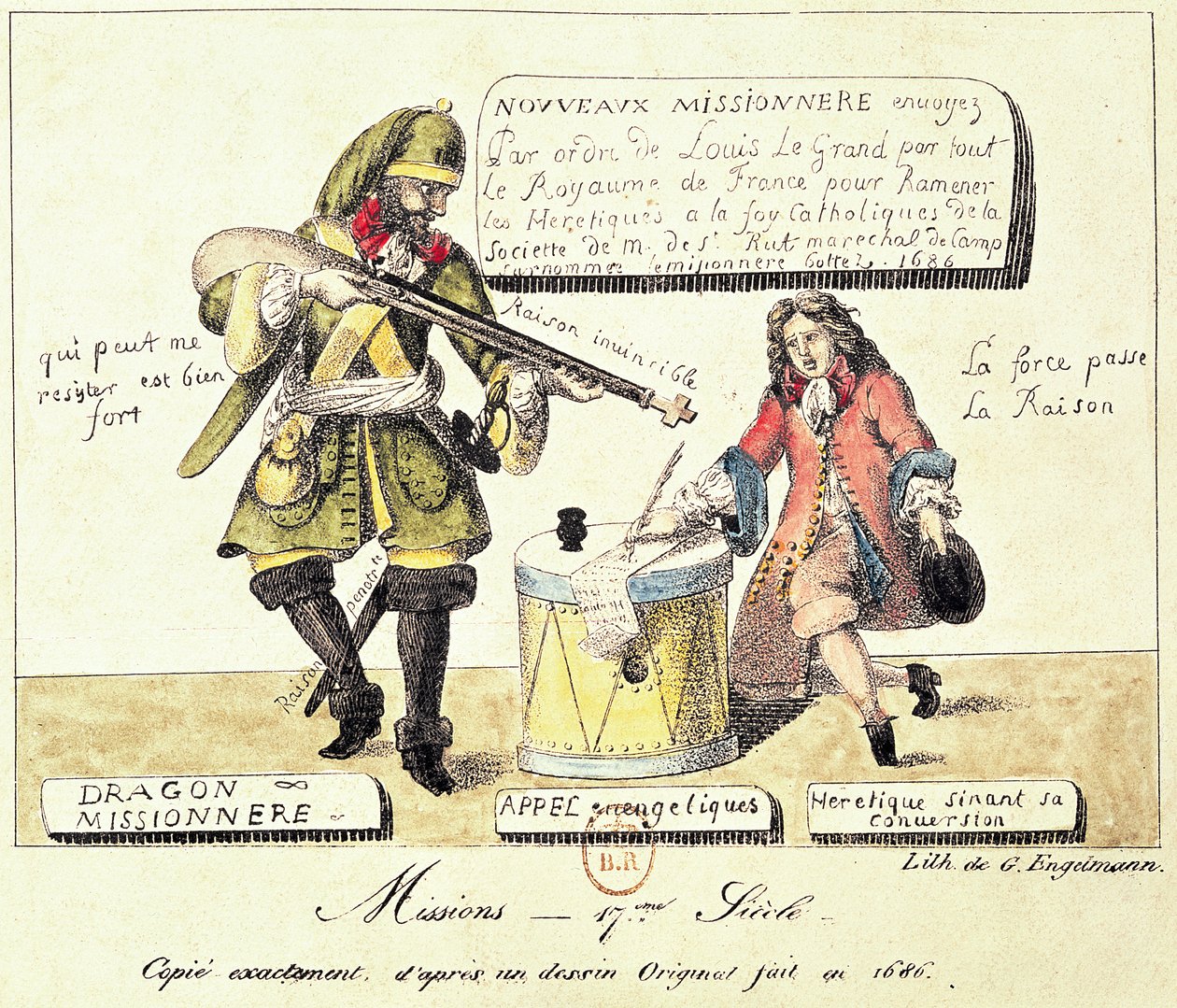 Misie 17. století: Misionářský dragoun nutí hugenota podepsat svou konverzi ke katolicismu, přesná kopie podle původní kresby z roku 1686 od Gottfried or Godefroy Engelmann