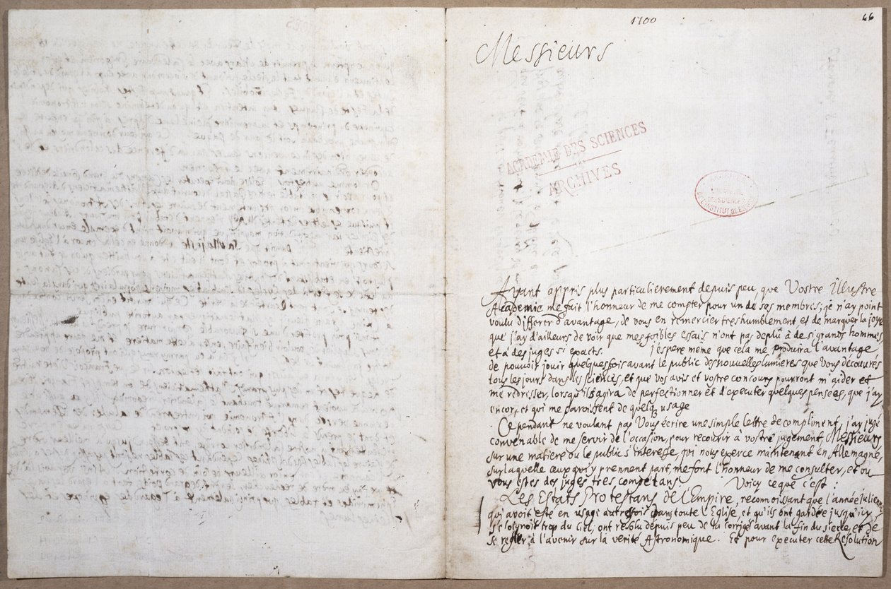 První strana dopisu, který Leibniz napsal při svém přijetí do Academie des Sciences v Paříži, 8. února 1700. od Gottfried Wilhelm Leibniz
