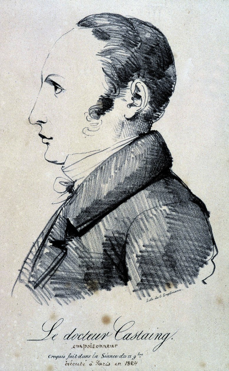 Portrét Dr. Castainga, traviče. Použil morfinovou sůl, hydrochlorid, aby zabil svého přítele Hippolyte Ballet v roce 1823. To bylo popraveno v Paříži v roce 1824. Litografie od Engelmanna z náčrtu vytvořeného na zasedání 11. listopadu. od Gottfried or Godefroy Engelmann