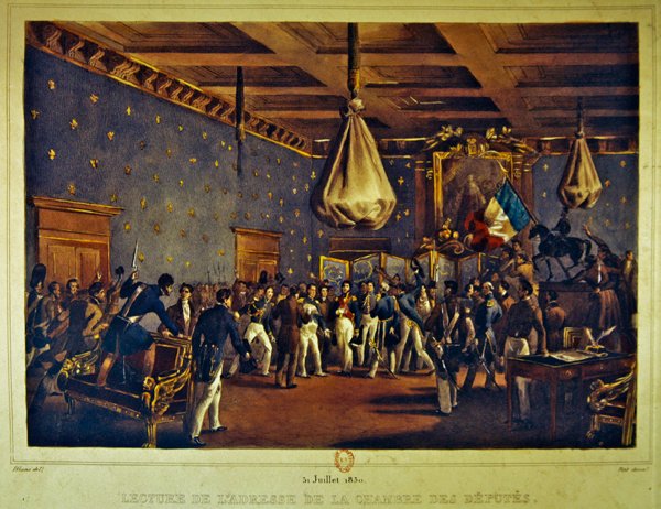 Čtení projevu Poslanecké sněmovny v Hotel de Ville v Paříži dne 31. července 1830 (barevně lito) od Gottfried or Godefroy Engelmann