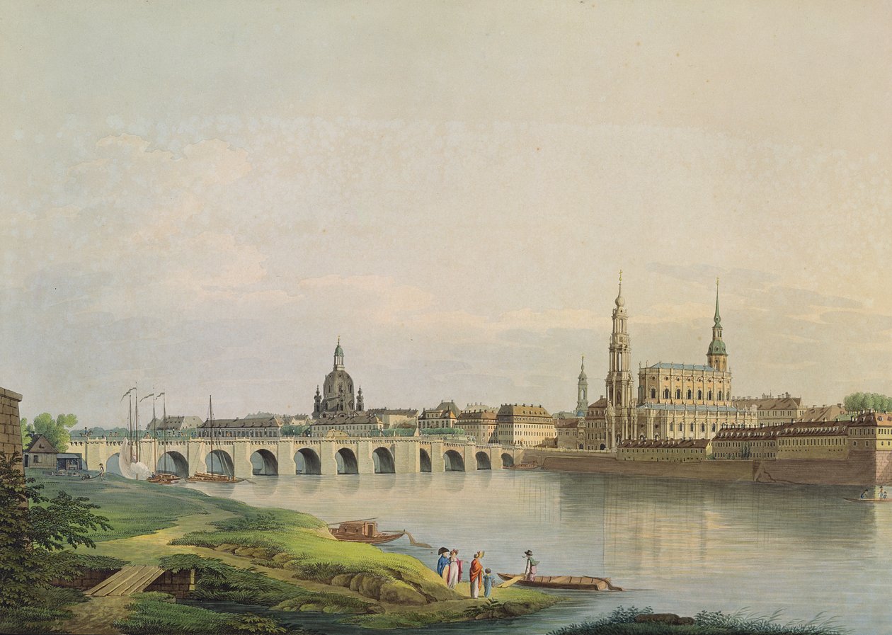 Pohled na Drážďany ze západní části nového města (s Frauenkirche, evangelickým kostelem, Augustovým mostem a katedrálou), rytina Christiana Gottloba Hammera (1779-1864) (barevná rytina) od Gottlob Thormeyer or Thormeier
