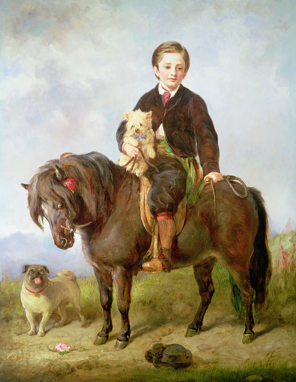 John Samuel Bradford jako chlapec sedící na shetlandském poníkovi s mopsíkem, 19. století od Gourlay Steel