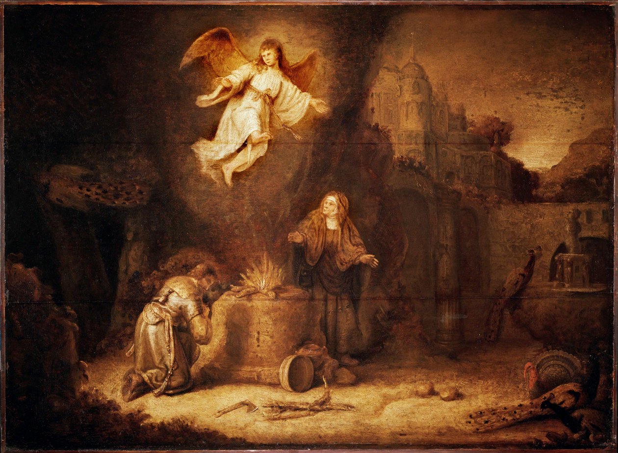 Manóachova oběť. Manoach je otcem Simsona (olejomalba) od Govaert Flinck