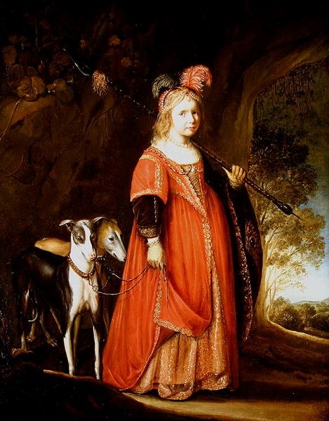 Portrét mladé dívky jako Diana na mýtině se dvěma chrty od Govaert Flinck