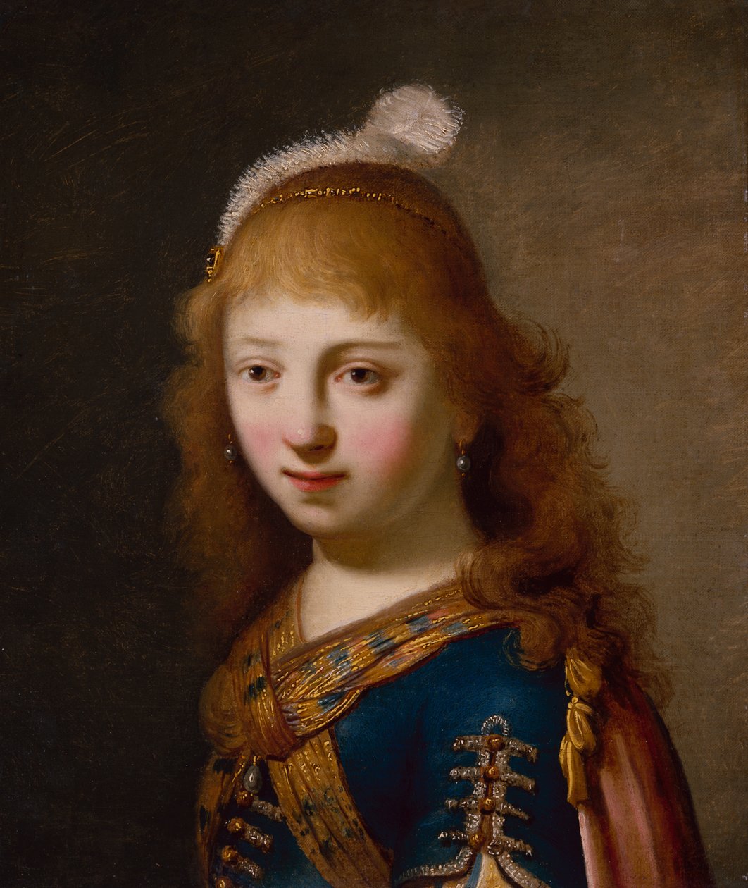Mladá dívka s modrými šaty a červeným pláštěm (olej na plátně) od Govaert Flinck