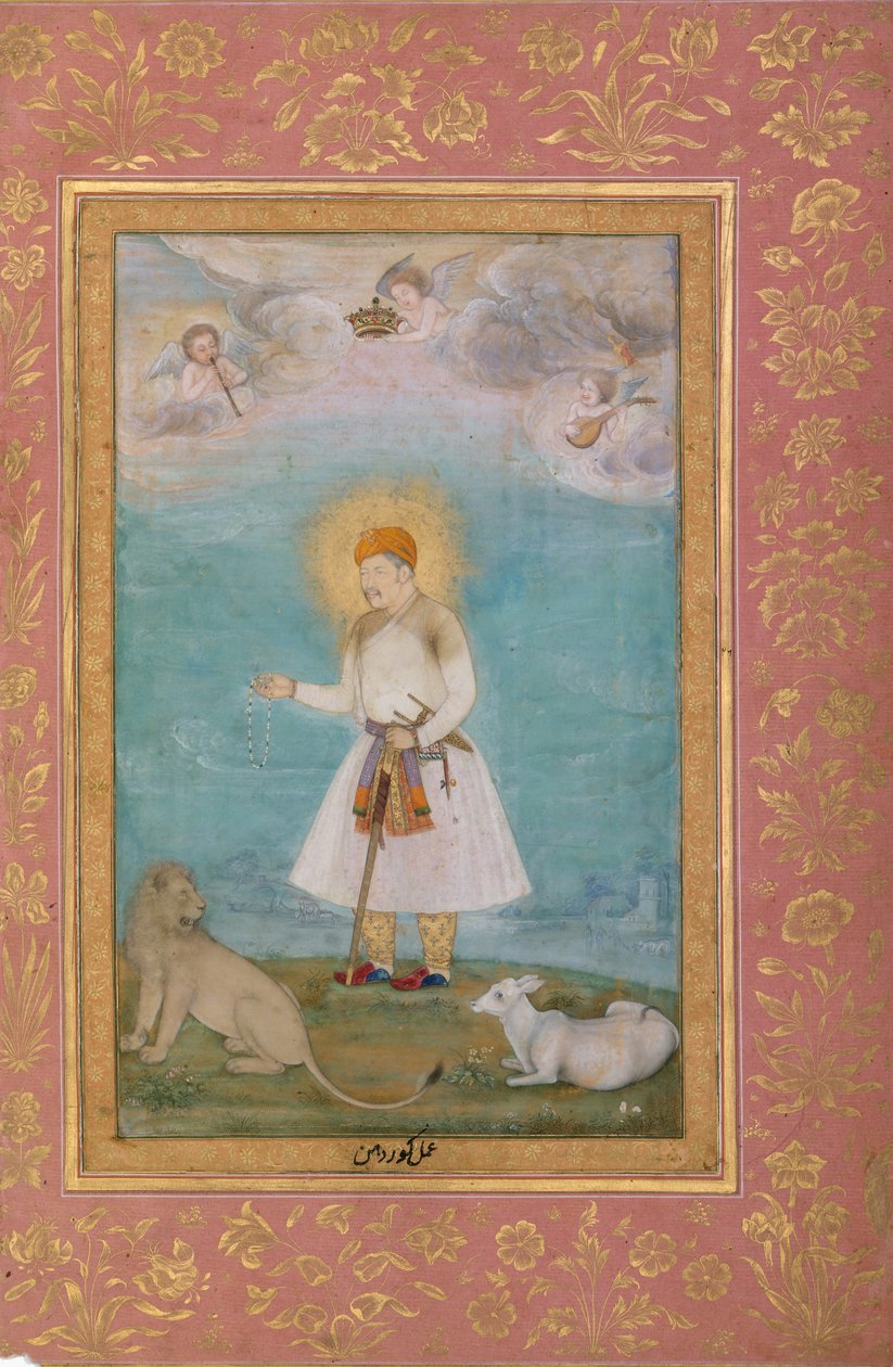 Akbar se lvem a teletem, folio z alba Shah Jahan, verso: ca. 1630, přímý: ca. 1530-50 od Govardhan