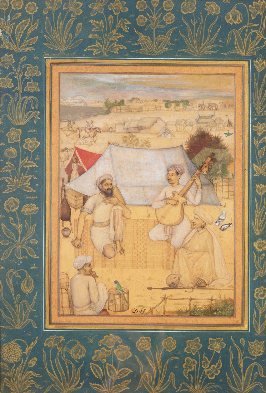 Hudebníci a zpěváci klečí na okraji Mughalského tábora. Jogín a sluha Poslouchejte je z alba Minto, kolem roku 1630 od Govardhan