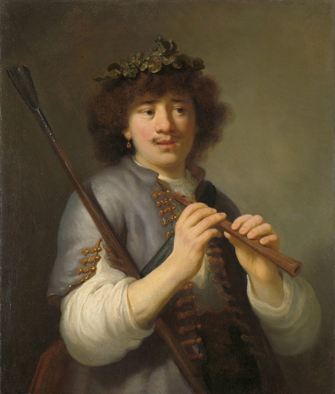 Rembrandt jako pastýř s holí a flétnou Rembrandt jako pastýř s holí a flétnou od Govert Flinck