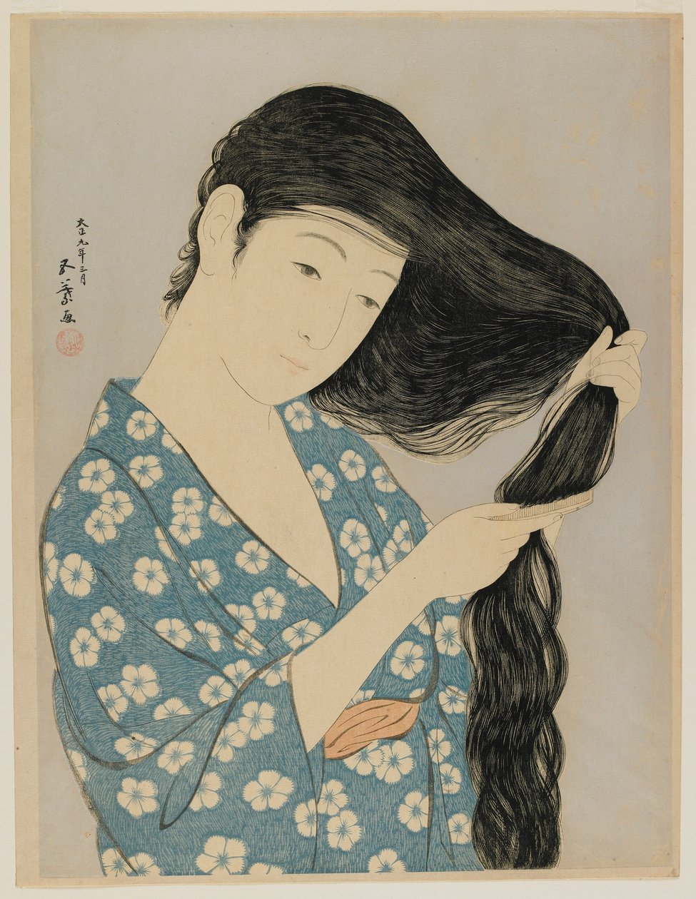 Žena česající si vlasy, éra Taisho, březen 1920 (barevný dřevotisk) od Goyo Hashiguchi