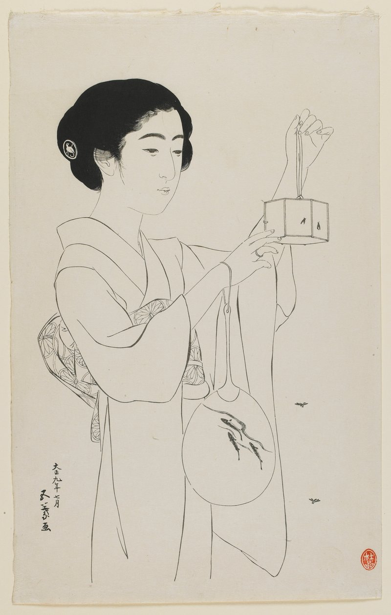 Žena držící klec Firefly, éra Taisho, červenec 1920 (dřevěný tisk) od Goyo Hashiguchi