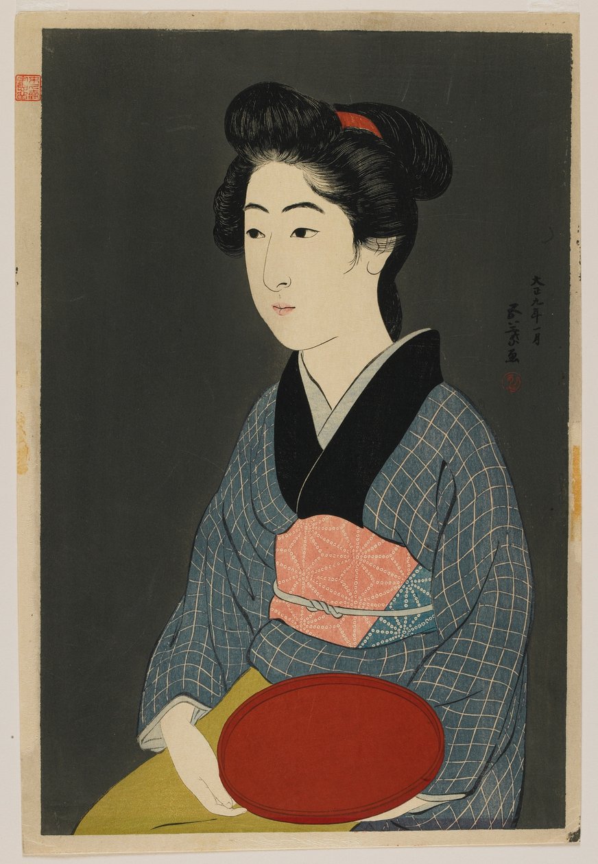 Žena držící tác, éra Taisho, leden 1920 (barevný dřevořez) od Goyo Hashiguchi